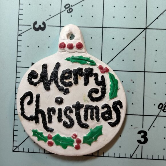 Merry Christmas Ornament Rustic Primitive Handcrafted Ceramic Holly - Picture 2 of 3